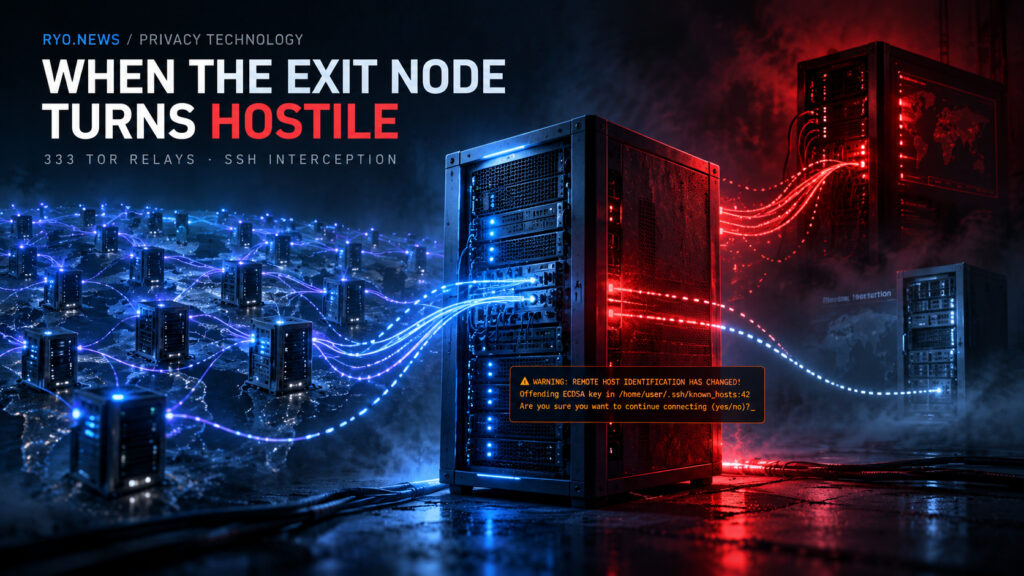 Cinematic editorial illustration of blue Tor-network connections entering a compromised red-lit exit server that redirects SSH traffic toward hostile infrastructure, with an SSH host-key warning.