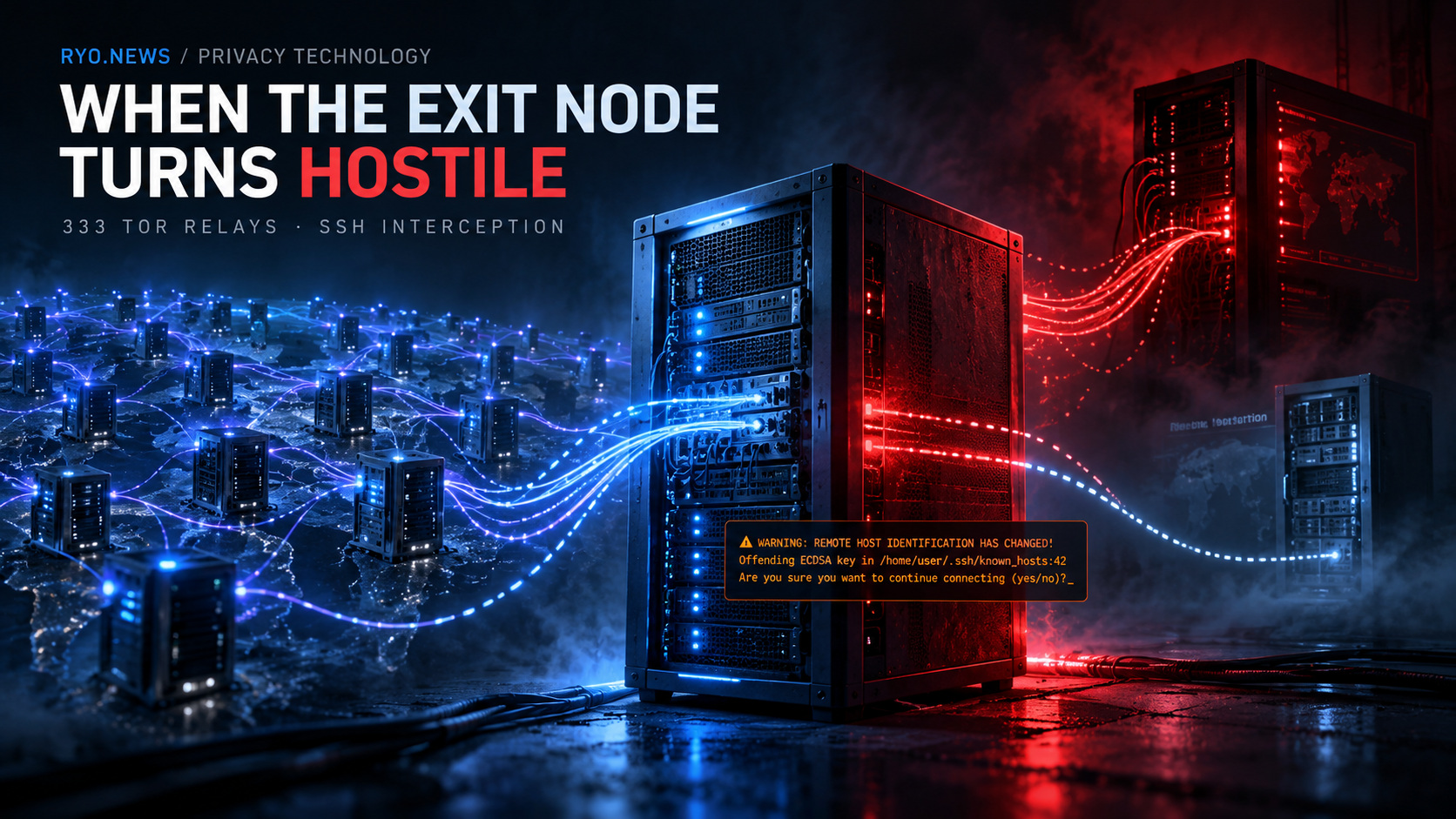 Cinematic editorial illustration of blue Tor-network connections entering a compromised red-lit exit server that redirects SSH traffic toward hostile infrastructure, with an SSH host-key warning.