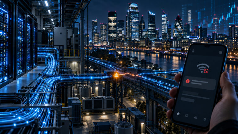 Conceptual illustration of a digital banking interface disconnected from financial data centers and network infrastructure, representing interrupted access to money.
