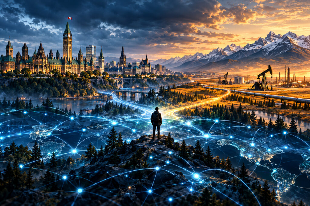 Cinematic geopolitical illustration depicting Canada's Parliament, Alberta's Rocky Mountains and energy infrastructure, and emerging decentralized digital networks crossing traditional political boundaries.