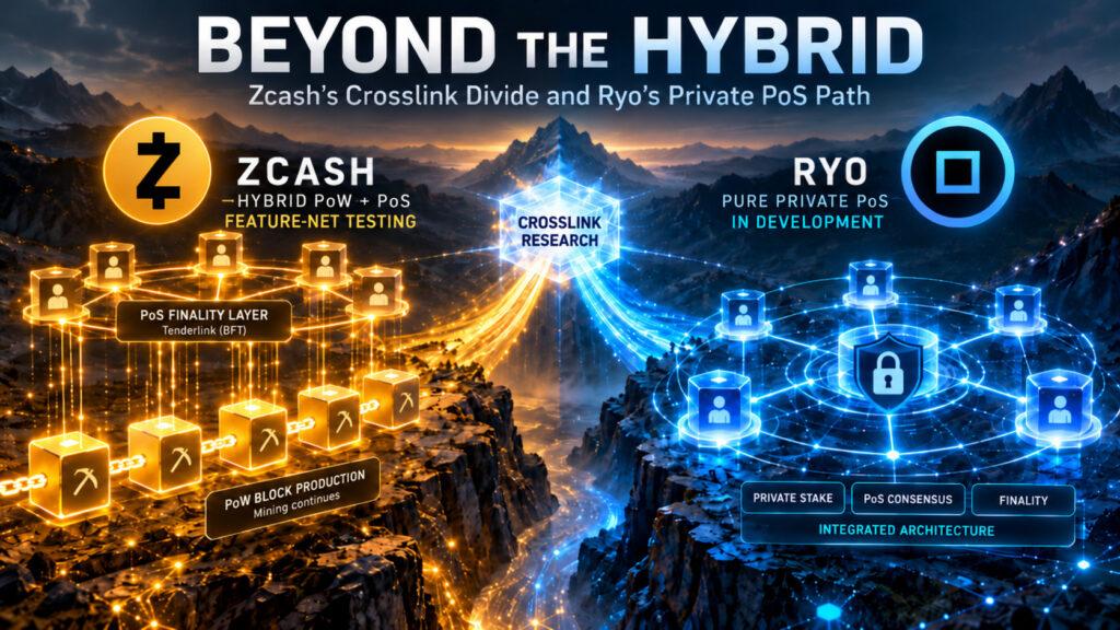 Cinematic split image comparing Zcash Crosslink hybrid PoW and PoS feature-net testing with Ryo Currency private PoS in development.