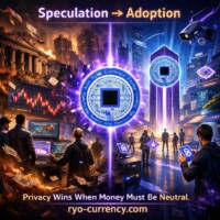 Speculation is loud. Adoption is inevitable 📈➡️🏙️
Privacy wins. $RYO delivers #RyoCurrency #CryptoAdoption Split-image illustration showing a glowing purple Ryo coin in the center dividing two phases of cryptocurrency evolution; left side depicts speculation phase with investors watching rising charts on screens while traditional finance buildings collapse and fiat money flies around; right side shows adoption phase with modern skyscrapers displaying Ryo logos and people using mobile wallets to transact; text reads "Speculation → Adoption" at the top and "Privacy wins when money must be neutral" at the bottom; visual represents transition from crypto speculation to real-world adoption of privacy-focused digital currency like Ryo Currency