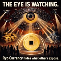 The Eye Watches Everything… Except RYO Untraceable by Design #RyoCurrency #Cryptoprivacy Surveillance-themed digital artwork for Ryo Currency privacy coin: large symbolic eye formed from surveillance cameras with light rays as pupil, drones with spotlights flying over massive piles of gold bars and silver coins; bottom features shielded large Ryo coin protecting anonymous people behind it; top text 'The Eye is Watching'; bottom text 'Ryo Currency hides what others expose'; theme of systemic surveillance vs unbreakable privacy and financial sovereignty