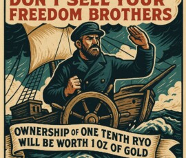Don't sell your freedom brothers. Ownership of one tenth Ryo will be worth 1 oz of gold! Digital motivational artwork for Ryo Currency privacy coin showing a resilient ship navigating stormy ocean waves, with a prominent gold coin or ounce of gold symbol representing the value of holding one tenth of RYO cryptocurrency, HODL and freedom theme