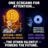 BTC Screams for Clout, RYO Powers in Silence Digital Dark Matter > Digital Gold #RyoCurrency #PrivacyCoin Split-image meme artwork contrasting Bitcoin and Ryo Currency: top text 'One screams for attention'; bottom text '...the other silently powers the future.'; left side shows bald man pointing in front of a cracking throne with Bitcoin coin, surrounded by floppy disks and old calculators, labeled 'Bitcoin = Heavy, outdated, and tracked'; right side shows calm composed man wearing goggles with dark matter background and glowing Ryo coin behind him, text 'Untraceable, Undetectable, Unstoppable. Ryo = Digital Dark Matter'; theme of privacy superiority, untraceable cryptocurrency vs visible tracked Bitcoin, stealth vs clout in digital finance