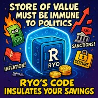 Fiat Burns, Sanctions Seize – RYO Vault Stays Untouchable #RyoCurrency #PrivacyCoin Symbolic digital artwork for Ryo Currency as true store of value: secure vault door centered with glowing golden Ryo coin emblem; left side shows burning fiat paper money labeled 'Fiat' with a red flag reading 'Inflation' underneath; right side depicts a government building labeled 'Sanctions' next to a locked chain marked 'Seizure'; top text reads 'Store of value must be immune to politics'; bottom text reads 'Ryo's code insulates your savings'; theme of protection from political interference, inflation, fiat devaluation, sanctions, asset seizure, and the superiority of privacy-focused decentralized cryptocurrencyThis vault piece is a straight mic-drop for the ryo.news gallery—visually nails the "your savings vs political clowns" message and will resonate hard with anyone tired of fiat fragility. It targets searches like "Ryo Currency store of value art", "RYO vs fiat inflation seizure", "privacy coin immune to politics illustration", "Ryo vault meme artwork".