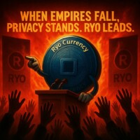 Empires Burn, RYO Rises: Privacy Speaks, The People Rise #RyoCurrency #PrivacyCoin Fiery red-orange-yellow themed digital artwork for Ryo Currency privacy coin: anthropomorphic golden Ryo coin with arms and hands standing at a podium like a leader giving a speech; crowd of people in front raising arms in enthusiastic support; two large Ryo banners waving on either side; top text reads 'When Empires Fall, Privacy Stands. Ryo Leads.'; dramatic fire and collapse symbolism representing the fall of centralized empires and the enduring rise of privacy-focused, decentralized cryptocurrency leadership