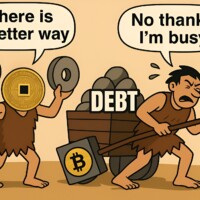 Caveman Stuck Dragging Debt & Bitcoin Wheels RYO Says: There's a Better Way #RyoCurrency #PrivacyCoin Humorous digital cartoon comparing cryptocurrency choices: one caveman with head shaped like a golden Ryo Currency coin, holding two weights and speech bubble saying 'There is a better way'; another caveman struggling to pull a heavy cart labeled 'Debt' with Bitcoin logo on the wheel, pushing down a lever connected to it, speech bubble saying 'No thanks, I'm busy!'; theme of upgrading from outdated, tracked systems to privacy-focused, efficient Ryo Currency for financial freedom and decentralization