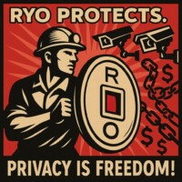 Shield your data. Defend your freedom 🛡️
$RYO protects #RyoCurrency #PrivacyCoin Soviet-style propaganda poster showing a worker wearing a hard hat holding a shield shaped like a Ryo coin with a circular design and square hole in the center, blocking surveillance cameras attached to chains with dollar signs; bold text at the top reads "Ryo protects" and at the bottom "Privacy is Freedom"; imagery symbolizes cryptocurrency privacy protection, defense against financial surveillance, and secure decentralized digital transactions