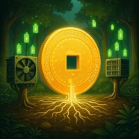 Roots in the Earth, Energy in the Chain: RYO Evolves to Proof-of-Stake #RyoCurrency #SustainableCrypto Symbolic digital artwork representing Ryo Currency's evolution from Proof-of-Work GPU mining to Proof-of-Stake: central large glowing golden Ryo coin with golden glowing roots extending into the ground; flanked by two trees whose leaves are replaced by computer GPUs; distant background shows trees with hanging glowing green batteries symbolizing stored energy; theme of sustainable cryptocurrency transition, nature-technology harmony, eco-friendly privacy coin, and conserved digital freedom