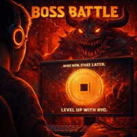 Your Rig vs CBDC Overlords: Mine RYO, Smash the Boss, Level Up #RyoCurrency #GPUMining Gaming-inspired digital artwork for Ryo Currency mining: intense figure at a computer with screen showing large glowing Ryo coin logo, text 'Mine Now. Stake Later' at top and 'Level Up With Ryo' below; terrifying horned monster with glowing red eyes and sharp teeth emerging from inside and outside the monitor like a boss enemy breaking through the screen; overhead text 'Boss Battle'; theme of GPU mining rebellion, defeating centralized control (CBDC), staking rewards, and leveling up with privacy-focused cryptocurrency