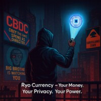 Bro, Why Stay an NPC? RYO Shines – No Limits, No Tracking, Just Freedom #RyoCurrency #BreakTheSystem Cyberpunk dystopian artwork for Ryo Currency privacy coin: hooded anonymous man in dark urban street shining a flashlight beam upward, illuminating a large glowing Ryo logo projected into the night sky like a signal; surrounding tall buildings display ominous signs reading 'CBDC Obey the limit, spend as directed', 'Big Brother is watching you', and 'Surveillance State'; theme of rebellion against central bank digital currency control, digital surveillance escape, privacy, and financial sovereignty through untraceable cryptocurrencyThis set keeps the high-energy, anti-establishment vibe that fits the $RYO community perfectly while boosting discoverability for searches like "Ryo Currency CBDC rebellion art", "RYO vs surveillance state", "privacy crypto dystopia illustration", or "Ryo Bat-Signal".