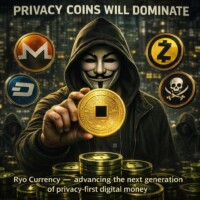 Privacy Coins Rising: RYO Leading the Charge – Anonymous & Unstoppable #RyoCurrency #PrivacyFirst Anonymous hooded figure wearing a Guy Fawkes-style mask, holding a golden Ryo Currency coin in hand; Monero and Dash logos on one side of the figure, Zcash and Pirate Chain logos on the other; top text 'Privacy coins will dominate'; bottom text 'Ryo Currency - advancing the next generation of privacy-first digital money'; theme of financial anonymity, privacy dominance, and sovereignty in cryptocurrency