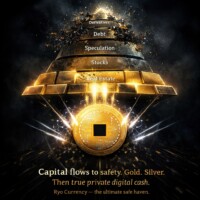Capital Flows to True Safety: Gold → Silver → RYO at the Top #RyoCurrency #PrivacyCoins Modified Exter's Pyramid illustration for Ryo Currency as ultimate safe haven: inverted golden pyramid structure inspired by John Exter, base layers labeled debt, derivatives, speculation, stocks, real estate; apex features glowing Ryo Currency coin emitting light rays surpassing gold and silver tiers; bottom text 'Capital flows to safety. Gold. Silver. Then true private digital cash. Ryo Currency - the ultimate safe haven'; theme of capital flight to privacy, sovereignty, and private digital cash