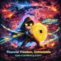 Untraceable Hero: Ryo Currency Shields You from Debt, Sanctions & Surveillance! #RyoCurrency #PrivacyCoin Digital artwork of a hooded superhero wearing goggles, holding up a shield shaped like the Ryo Currency coin logo, defending against debt, sanctions, and surveillance symbols; representing untraceable financial freedom and privacy in cryptocurrency; text at bottom reads 'Financial Freedom, Untraceable'