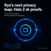 Halo 2 zk proofs represent Ryo’s next leap toward stronger transaction privacy. Square Ryo Currency graphic showing the Ryo logo inside a glowing Halo 2 proof ring. Text says “Ryo’s next privacy leap: Halo 2 zk proofs.”