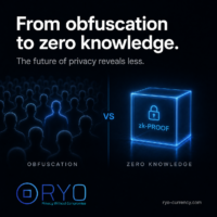 The future of privacy is not just hiding better. It is revealing less. Square Ryo Currency graphic split between a crowd of decoys labeled obfuscation and a sealed zk proof cube labeled zero knowledge.