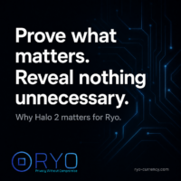 Why Halo 2 zk proofs matter for Ryo. Square Ryo Currency quote graphic with subtle circuit patterns and large text saying “Prove what matters. Reveal nothing unnecessary.”