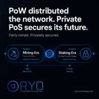 Fairly mined. Privately secured. Square Ryo Currency graphic showing a two-phase timeline from Mining Era to Staking Era. Text says “PoW distributed the network. Private PoS secures its future.”