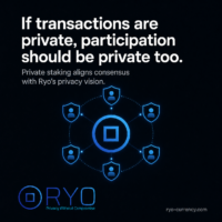 If transactions are private, participation should be private too. Square Ryo Currency graphic showing anonymous validators inside shields around the Ryo logo. Text says “If transactions are private, participation should be private too.”