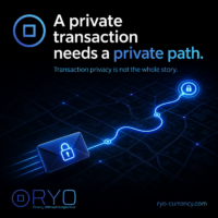 Transaction privacy is not the whole story. Square Ryo Currency graphic showing a locked transaction envelope moving through a hidden route on a dark network map. Text says “A private transaction needs a private path.”