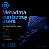 Timing, routing, origin, and broadcast patterns can leak. Square Ryo Currency image showing a sealed envelope with visible digital footprints behind it. Text says “Metadata can betray users.”