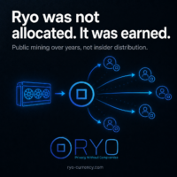 Ryo was distributed through public mining, not insider allocation. Square Ryo Currency graphic showing a GPU mining icon sending Ryo coins or signals outward to many participants. Text says “Ryo was not allocated. It was earned.”