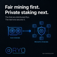 Ryo’s first era distributed the network. The next era secures it. Square Ryo Currency image showing a GPU on the left and shielded staking nodes on the right, connected by an arrow. Text says “Fair mining first. Private staking next.”