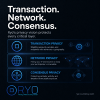 Transaction privacy, network privacy, and consensus privacy form Ryo’s full-stack vision. Square Ryo Currency graphic showing three privacy layers: transaction privacy, network privacy, and consensus privacy, with icons for cryptography, routing, and validator protection.