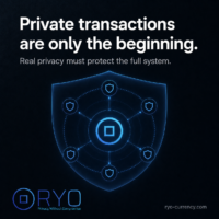Real privacy must protect the full system. Square Ryo Currency image showing a large shielded network around the Ryo logo. Text says “Private transactions are only the beginning.”