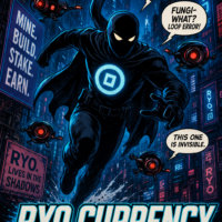 A comic-style Ryo Currency poster showing privacy, fungibility, and digital cash escaping surveillance. Comic-style Ryo Currency poster showing a masked privacy hero evading surveillance drones with the words “Private by Design. The People’s Digital Cash.”