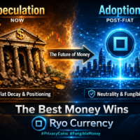 A dramatic Ryo Currency artwork contrasting fiat decay and speculation with post-fiat adoption, neutrality, and fungibility. Ryo Currency poster showing a split scene of fiat decay and speculation on the left, post-fiat adoption on the right, and the message “The Best Money Wins.”