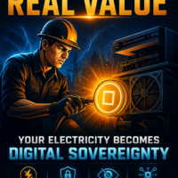 A bold Ryo Currency poster showing mining as stored electricity transformed into private, sovereign digital value. Ryo Currency poster showing a worker powering a crypto mining machine with a glowing Ryo symbol and the words “Stored Electricity. Real Value.”