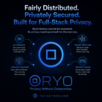 Ryo’s full outro summarizes the core message: a fair distribution history, a private staking future, and a roadmap built for full-stack privacy. Square Ryo Currency outro slide with the headline “Fairly Distributed. Privately Secured. Built for Full-Stack Privacy.” The image shows the official Ryo logo surrounded by icons for zk proofs, mixnet routing, private staking, and private DAOs, with dark blue futuristic branding and the ryo-currency.com website.
