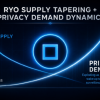 A futuristic Ryo Currency infographic showing post-mid-2025 supply tapering alongside rising demand for privacy-focused digital money. Futuristic Ryo Currency infographic with a glowing Ryo symbol, a falling supply curve, and a rising privacy demand arrow after mid-2025.
